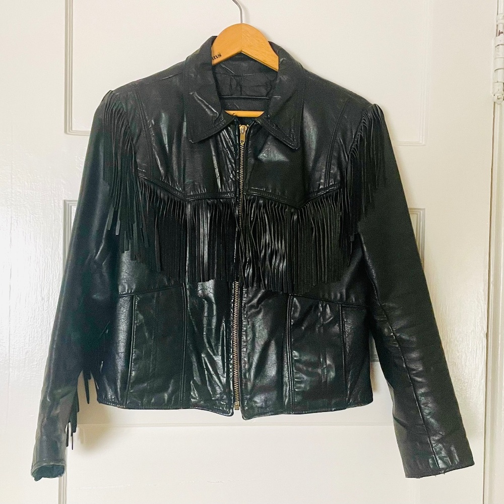 Vintage Black Leather Fringed Jacket